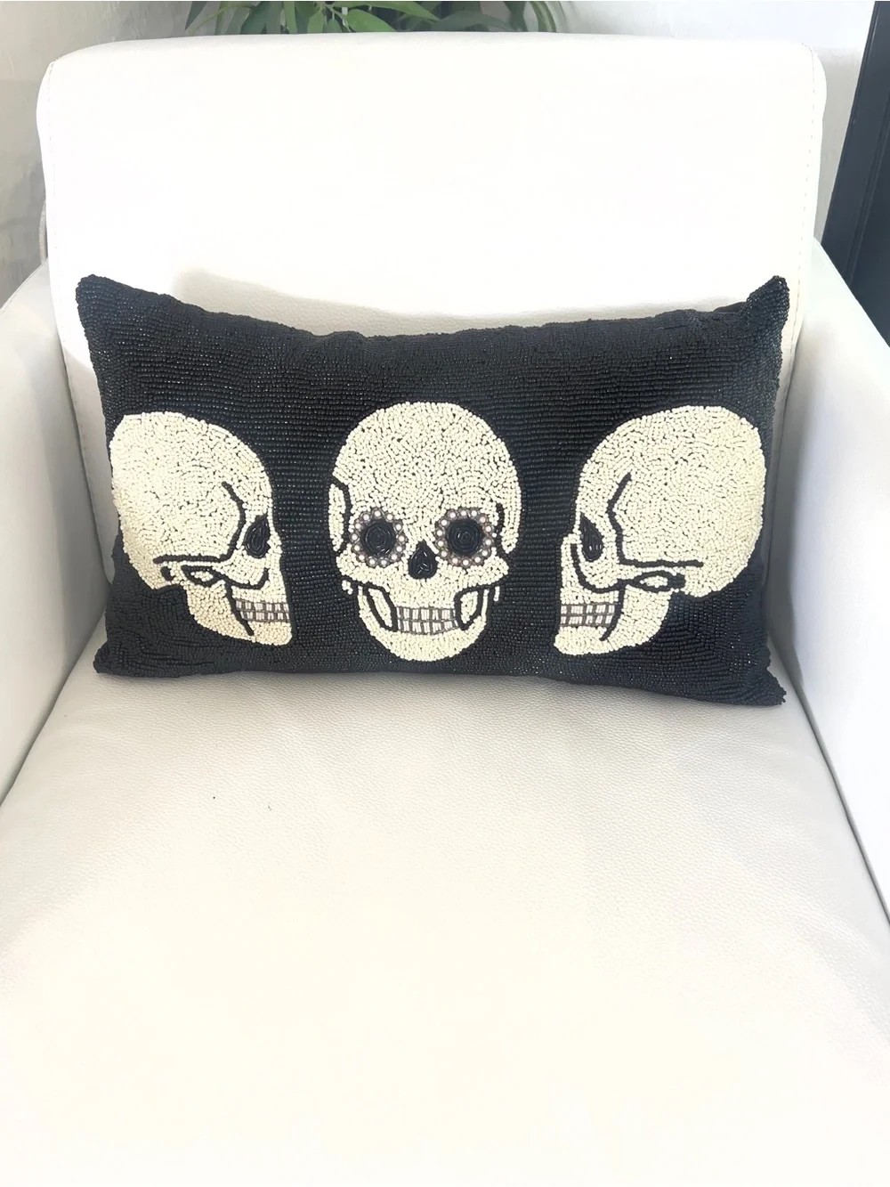 Skull Hand Beaded Black White Halloween Pillow